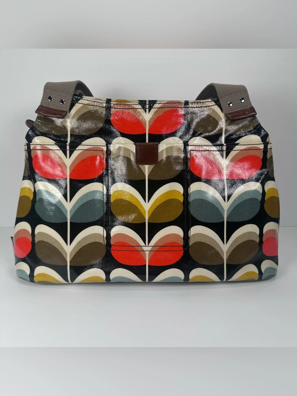 Orla Kiely Stem Print Coated Canvas Purse Retro Mod Floral Shoulder Tote Bag - Picture 2 of 16